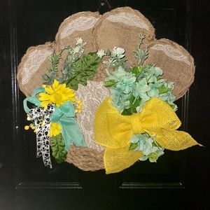 Paw print wreath for spring w yellow/mint green colors w paw print ribbon